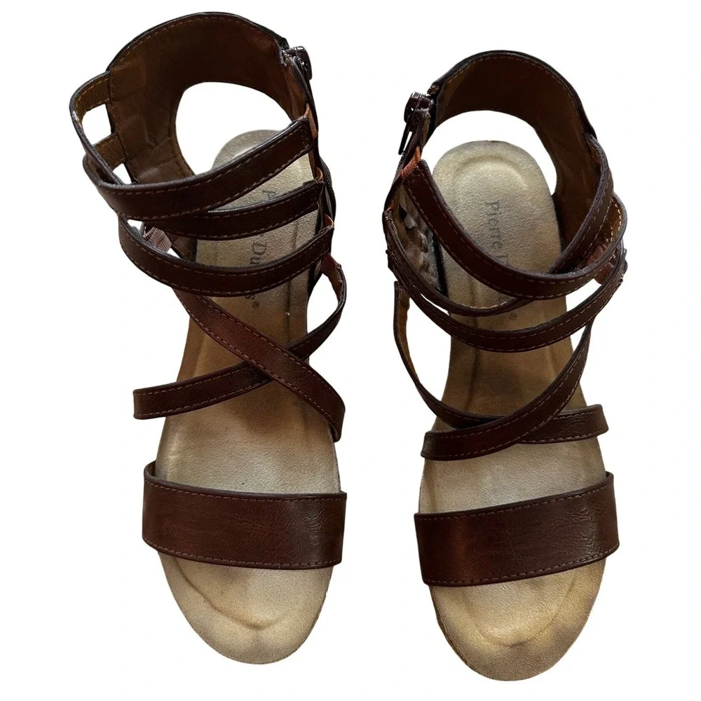 Pierre Dumas Brown Strappy Wedge Sandals‎ Womens Size 7